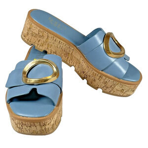 Franco Sarto Hoda Platform Cork Wedge Slide Sandal Womens Size 7.5 Blue Gold